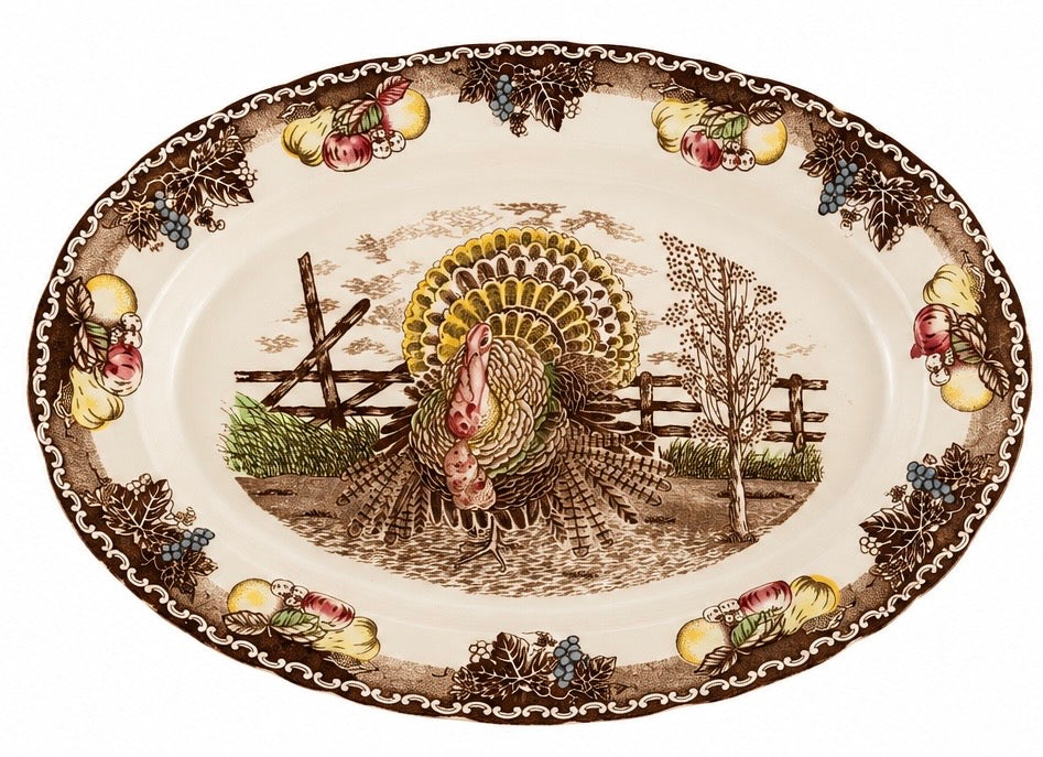 Vintage Turkey Transferware Platter, Brown Fruit &amp; Scroll Border