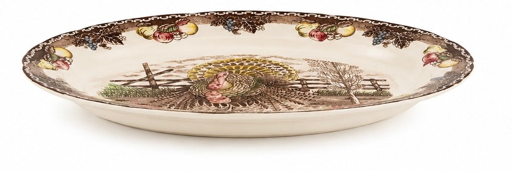 Vintage Turkey Transferware Platter, Brown Fruit &amp; Scroll Border