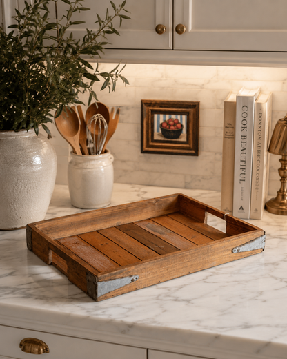 Vintage Reclaimed Wood Serving Tray with Metal Corner Brackets