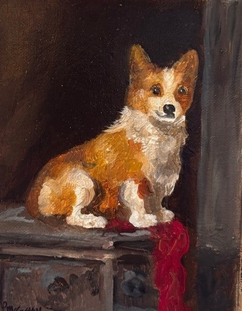 Pat McCarthy Corgi Portrait, Oil on Florentine Board, 8” x 8”, Antique Gilt Frame
