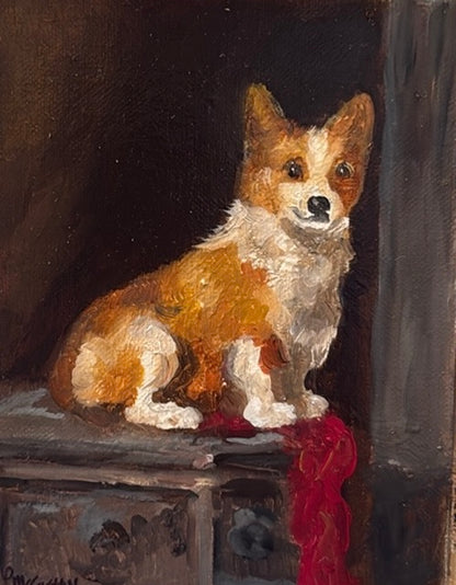 Pat McCarthy Corgi Portrait, Oil on Florentine Board, 8” x 8”, Antique Gilt Frame