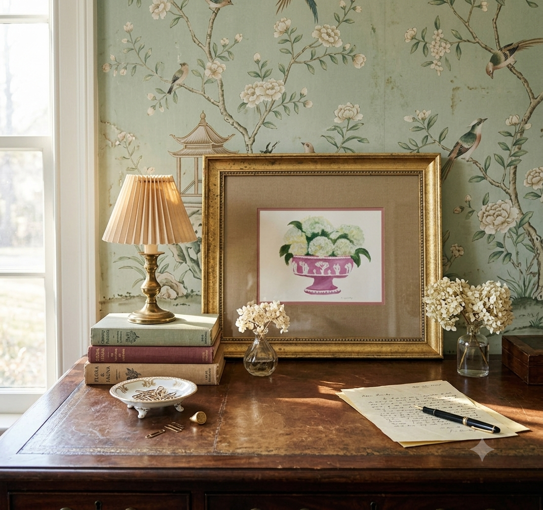 Pat McCarthy Hydrangea Watercolor in Raspberry Jasperware Urn, Gilt Framed