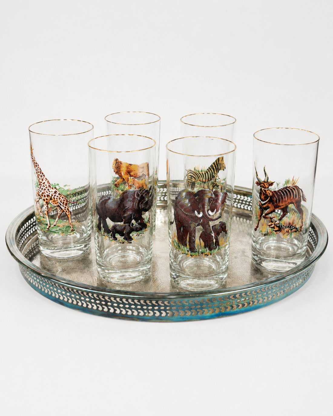 Vintage Safari Highball Glasses with Silver-Plated Gallery Tray, Set of 6 Mid-Century Wildlife Cocktail Glasses