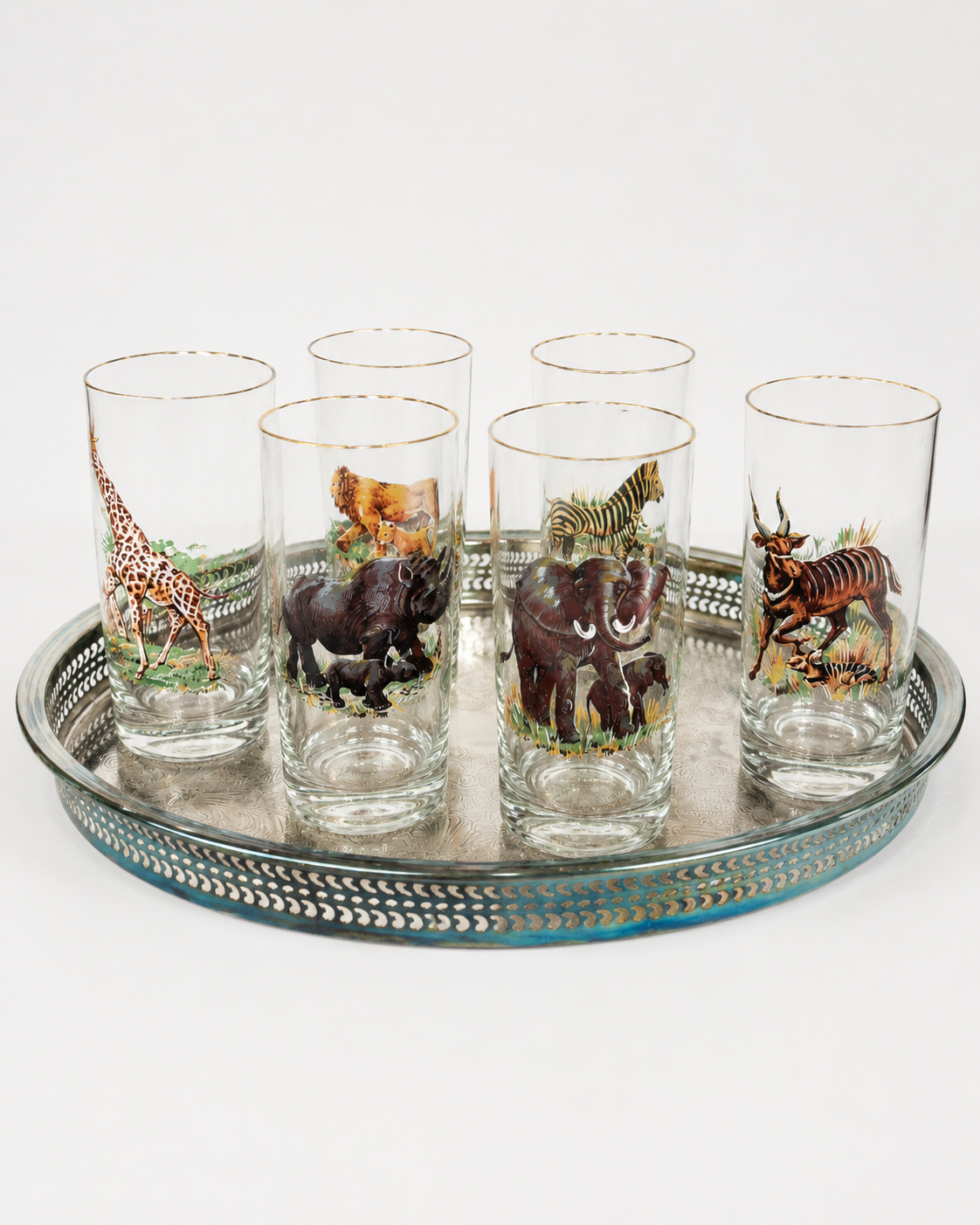 Vintage Safari Highball Glasses, Set of 6 Mid-Century Wildlife Cocktail Glasses