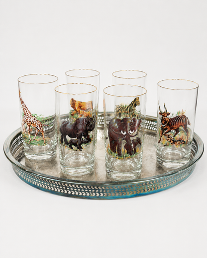 Vintage Safari Highball Glasses, Set of 6 Mid-Century Wildlife Cocktail Glasses