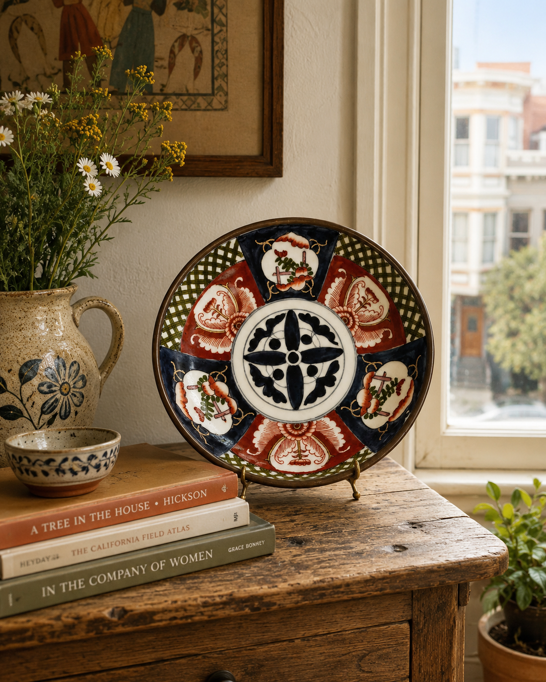 Piatto vintage in porcellana/ottone dipinto a mano