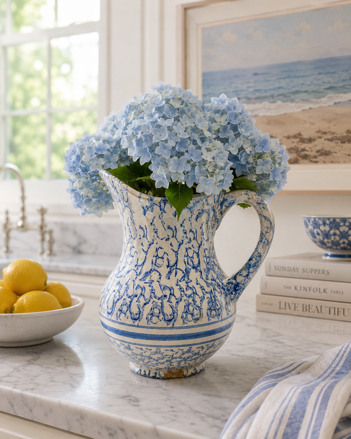 Large Blue Spongeware Pitcher with Stripe