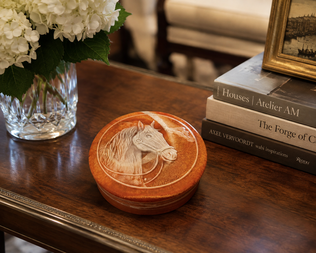 Sienna Horse Motif Incolay Vintage Round Decorative Box