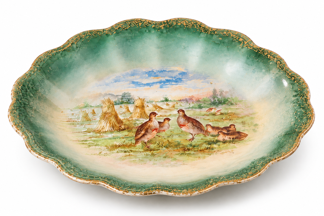 Vintage Hand-Painted Game Bird Platter with Scalloped Green Border
