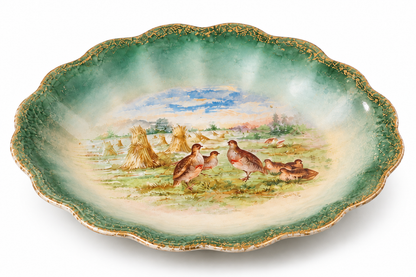 Vintage Hand-Painted Game Bird Platter with Scalloped Green Border