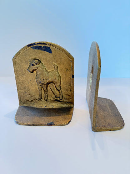 Fermalibri vintage in metallo fuso a forma di terrier, coppia