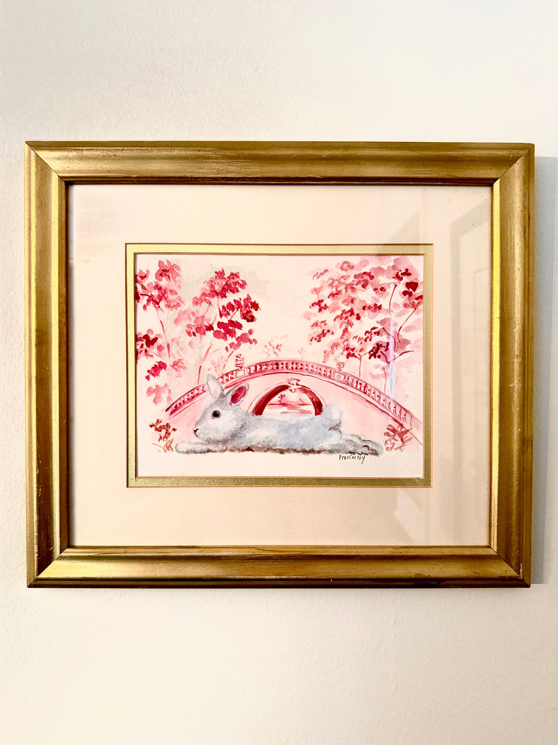 Vintage Watercolor Painting of a Rabbit — Pink Chinoiserie Garden, Signed Pat McCarthy