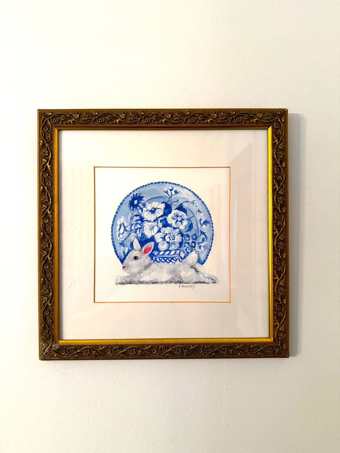 Vintage Watercolor Painting of a Rabbit — Blue &amp; White Chinoiserie, Signed Pat McCarthy