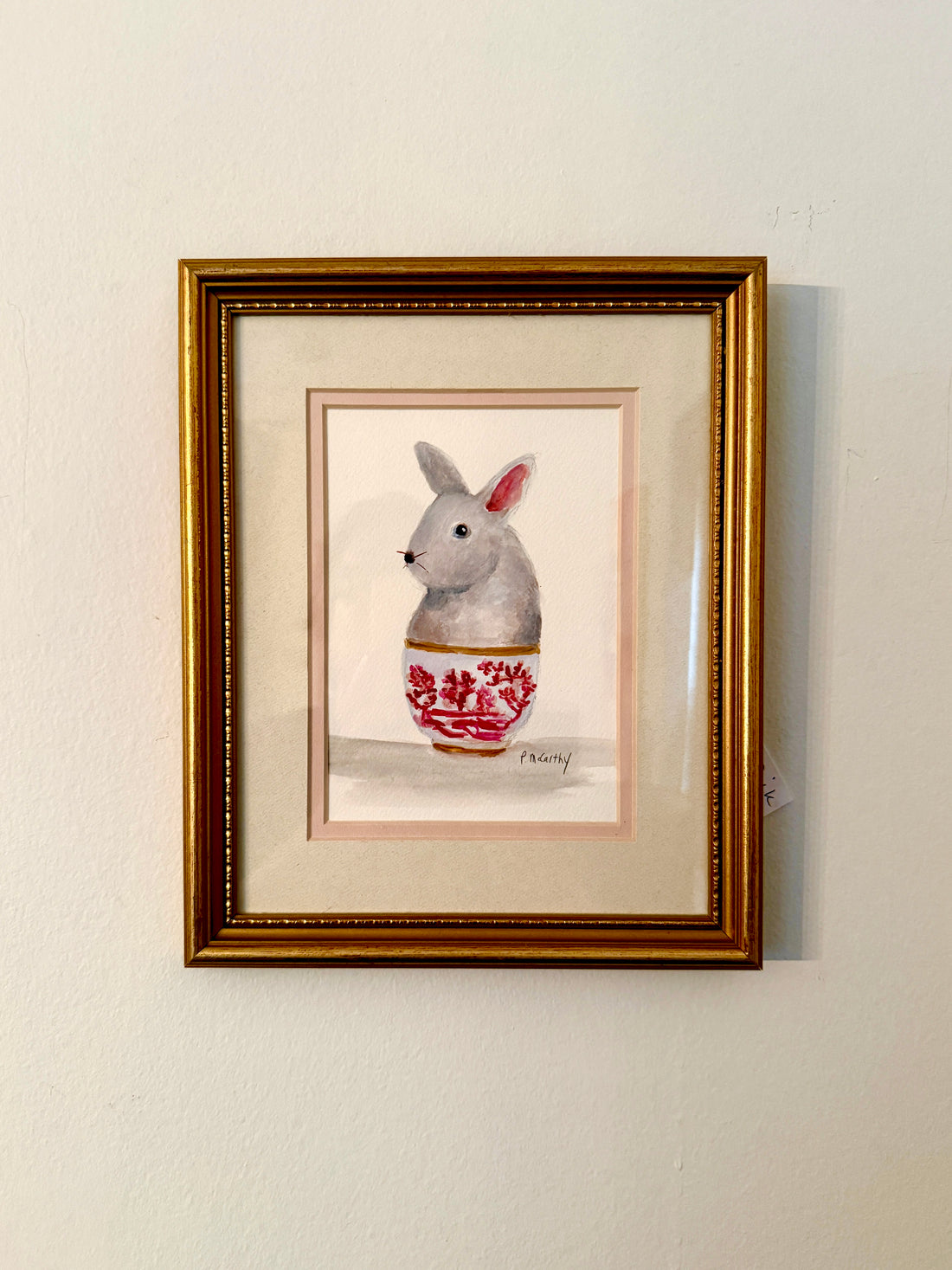 Vintage Watercolor Painting of a Rabbit in a Red Transferware Bowl — Signed Pat McCarthy
