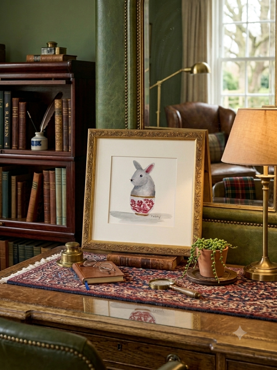 Vintage Watercolor Painting of a Rabbit in a Red Transferware Bowl — Signed Pat McCarthy