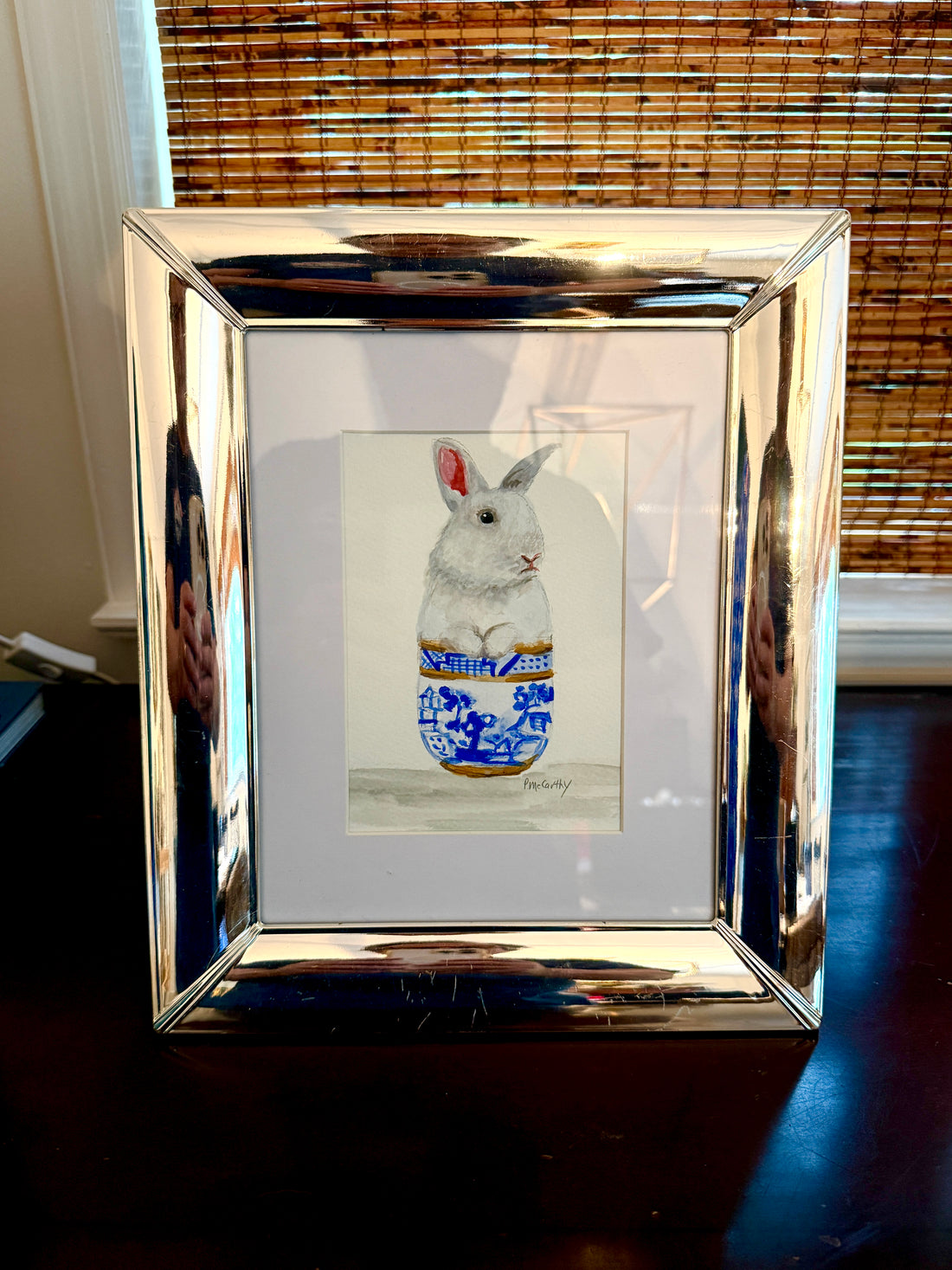 Vintage Watercolor Painting of a Rabbit in a Blue Willow Bowl — Signed Pat McCarthy