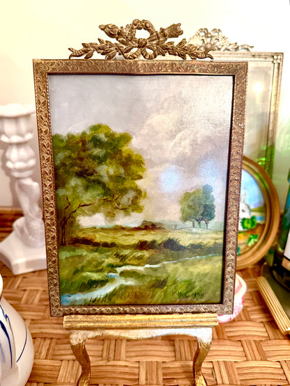 Vintage Pastoral Landscape Oil Painting — Green Field &amp; Stream, Signed Pat McCarthy