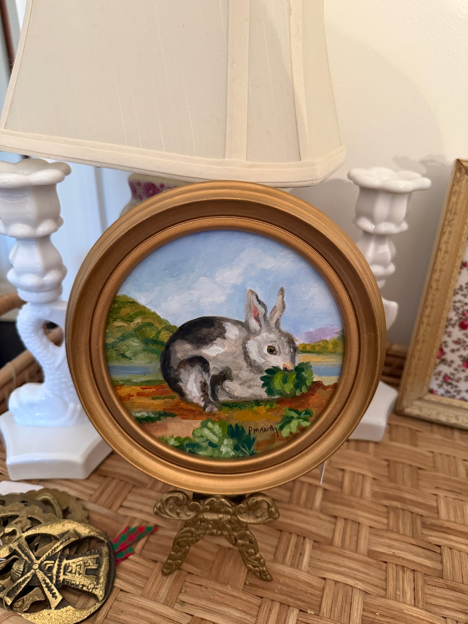 Vintage Round Oil Painting of a Rabbit in a Landscape — Signed Pat McCarthy