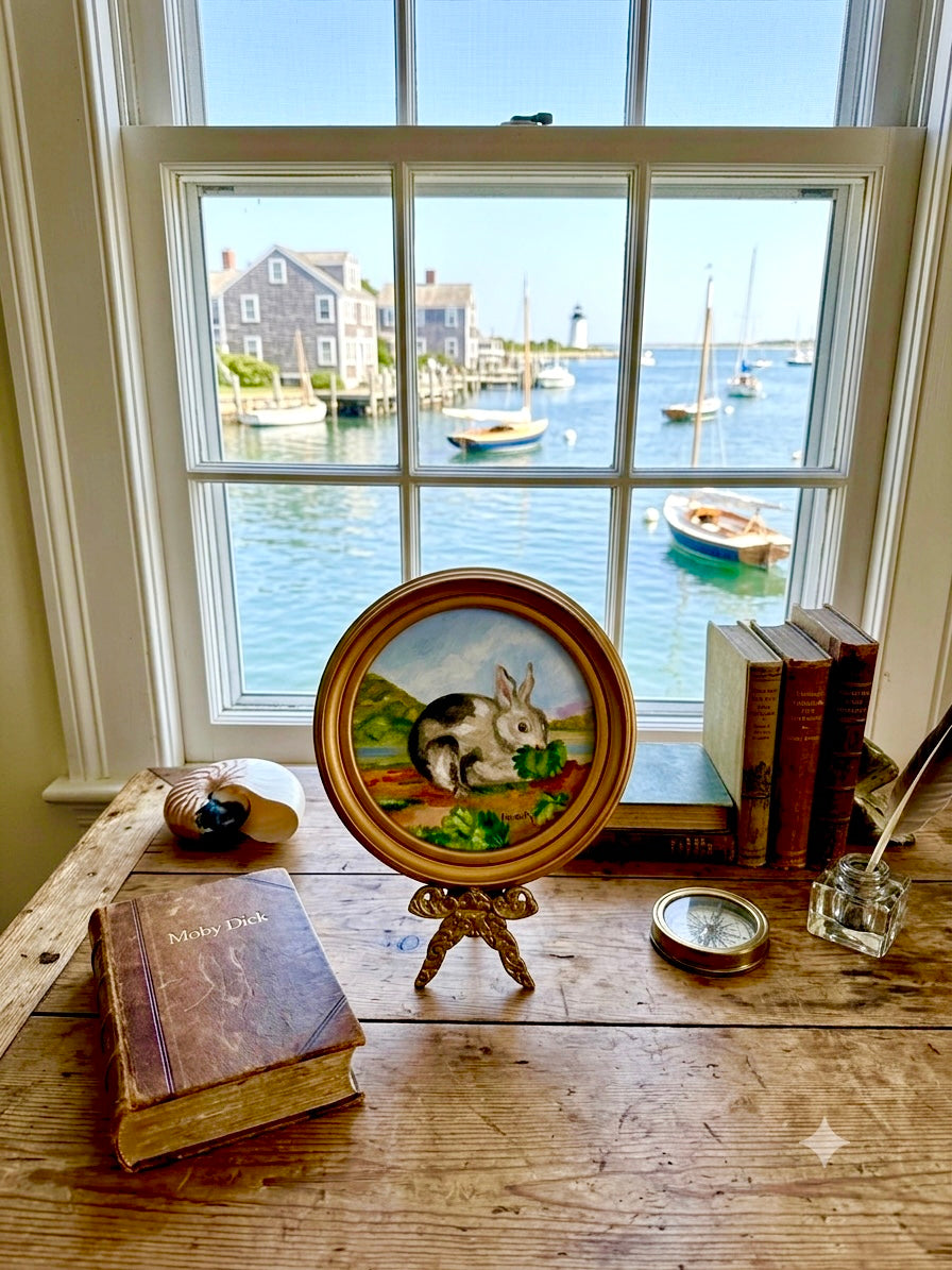 Vintage Round Oil Painting of a Rabbit in a Landscape — Signed Pat McCarthy