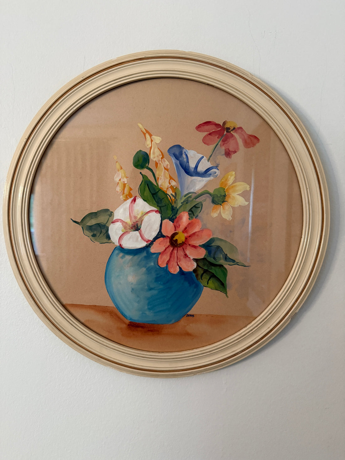 Vintage Round Floral Still Life Watercolor — Blue Vase Bouquet, Signed Denis