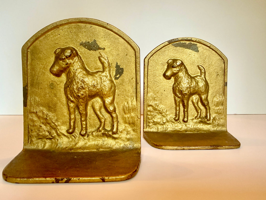 Antique Cast Iron Fox Terrier Bookends, Gilt Finish, 1920s Pair