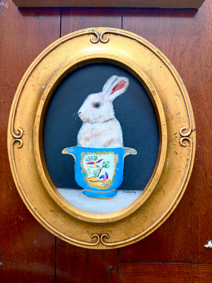 Pat McCarthy Bunny in Sèvres Blue Cachepot — Original Oil, Oval Gilt Frame