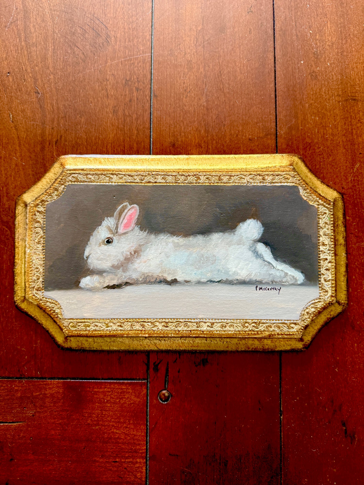 Pat McCarthy Reclining White Rabbit — Original Oil on Florentine Gilt Plaque