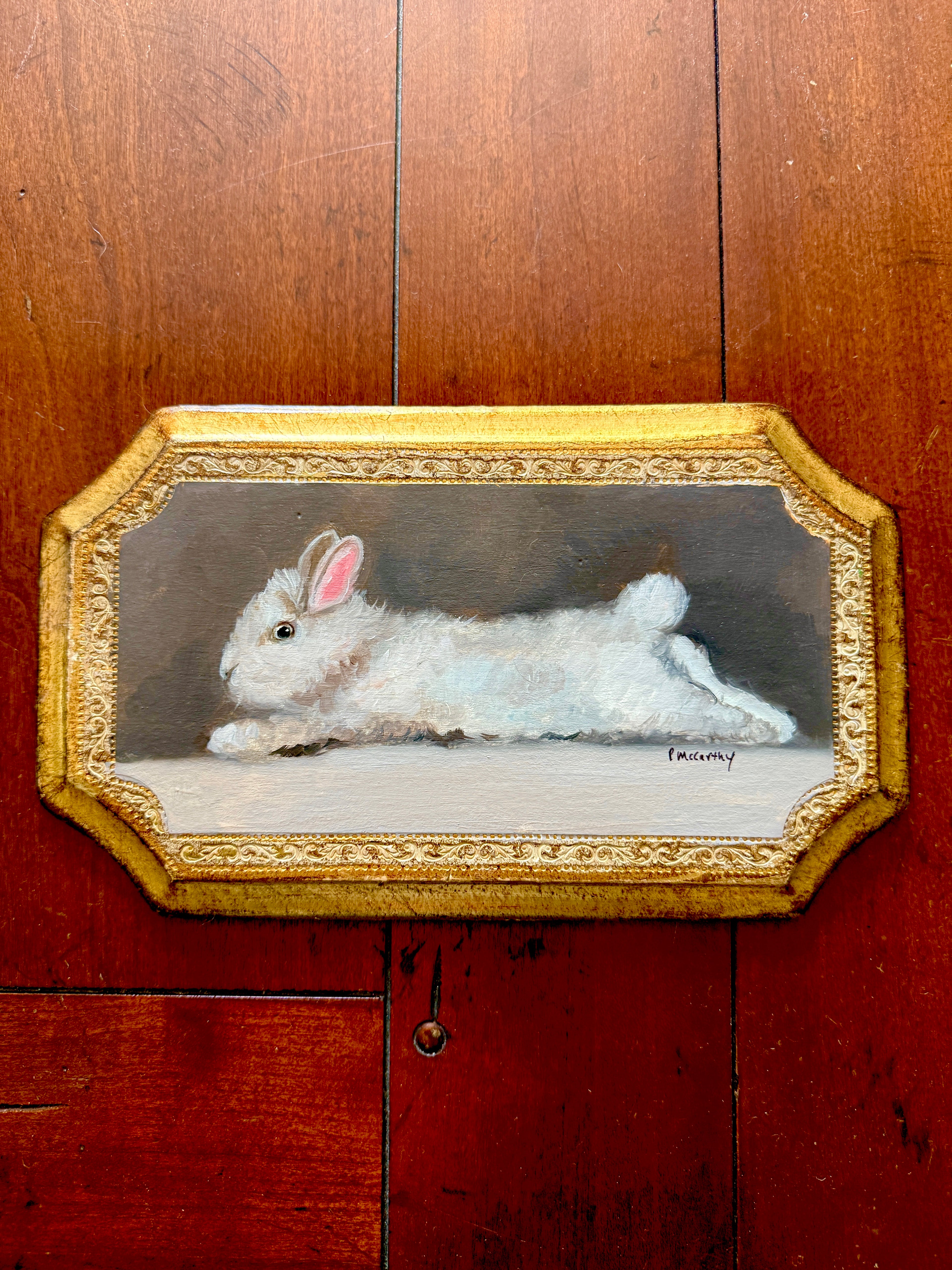Pat McCarthy Reclining White Rabbit — Original Oil on Florentine Gilt Plaque