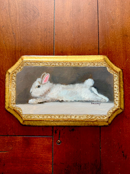 Pat McCarthy Reclining White Rabbit — Original Oil on Florentine Gilt Plaque