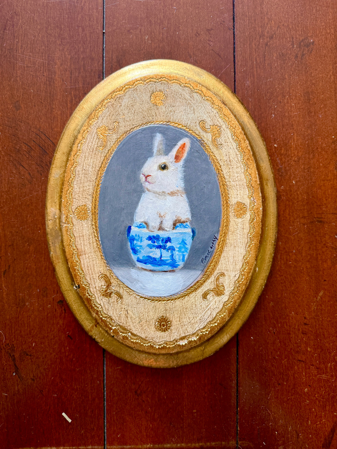 Pat McCarthy Bunny in Blue Willow Bowl — Original Oil on Florentine Gilt Plaque