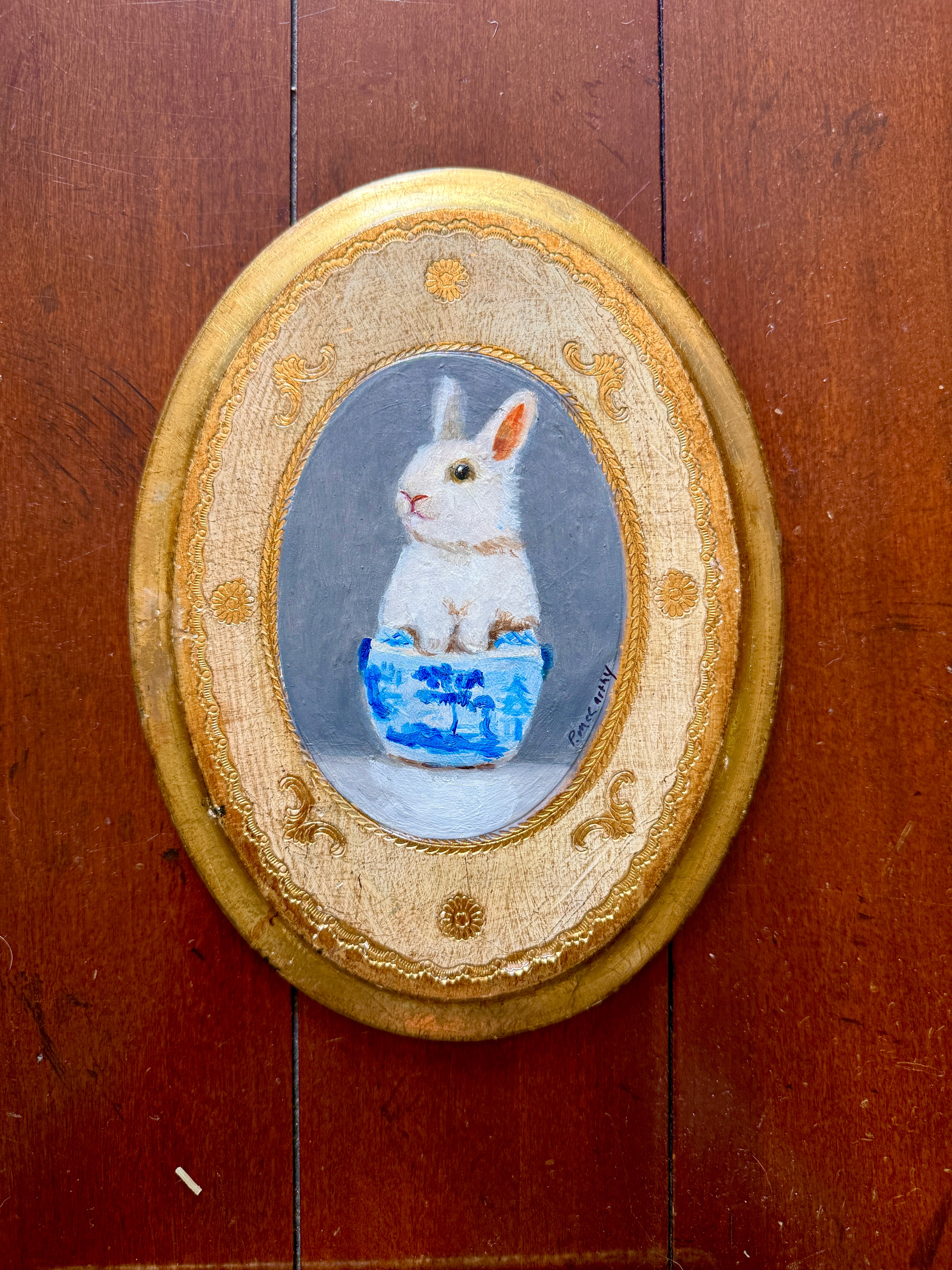 Pat McCarthy Bunny in Blue Willow Bowl — Original Oil on Florentine Gilt Plaque