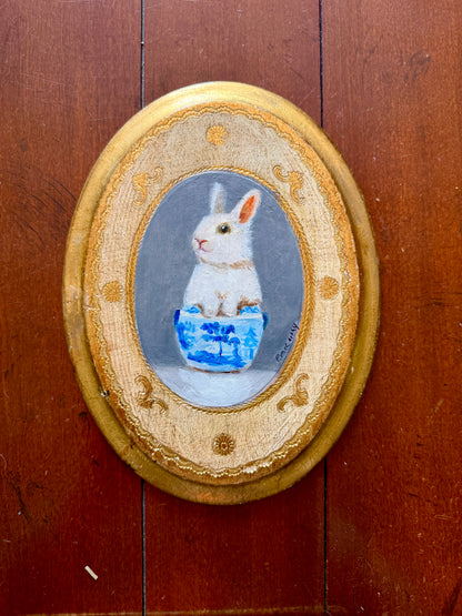 Pat McCarthy Bunny in Blue Willow Bowl — Original Oil on Florentine Gilt Plaque