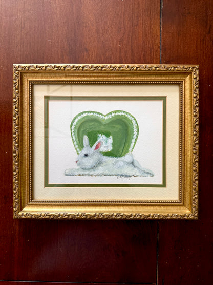 Pat McCarthy Resting Bunny with Green Majolica Heart — Original Painting, Ornate Gold Frame