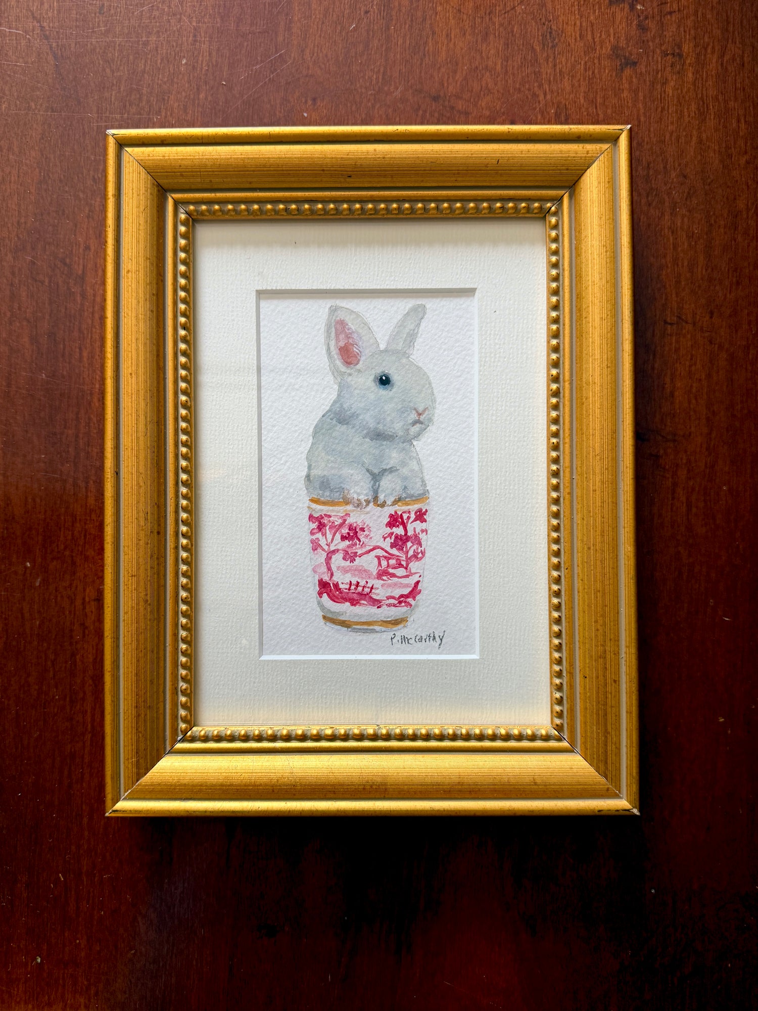 Pat McCarthy Bunny in Red Chinoiserie Beaker — Original Watercolor, Gold Beaded Frame