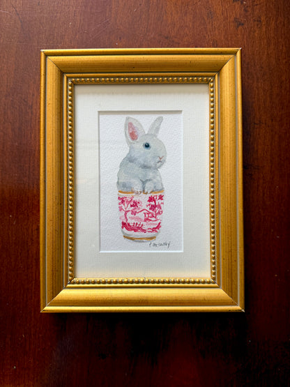Pat McCarthy Bunny in Red Chinoiserie Beaker — Original Watercolor, Gold Beaded Frame