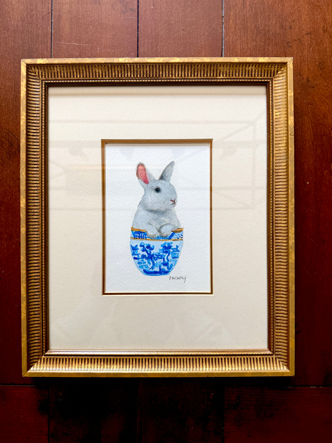 Pat McCarthy Bunny in Blue Willow Bowl — Original Watercolor, Gold Frame