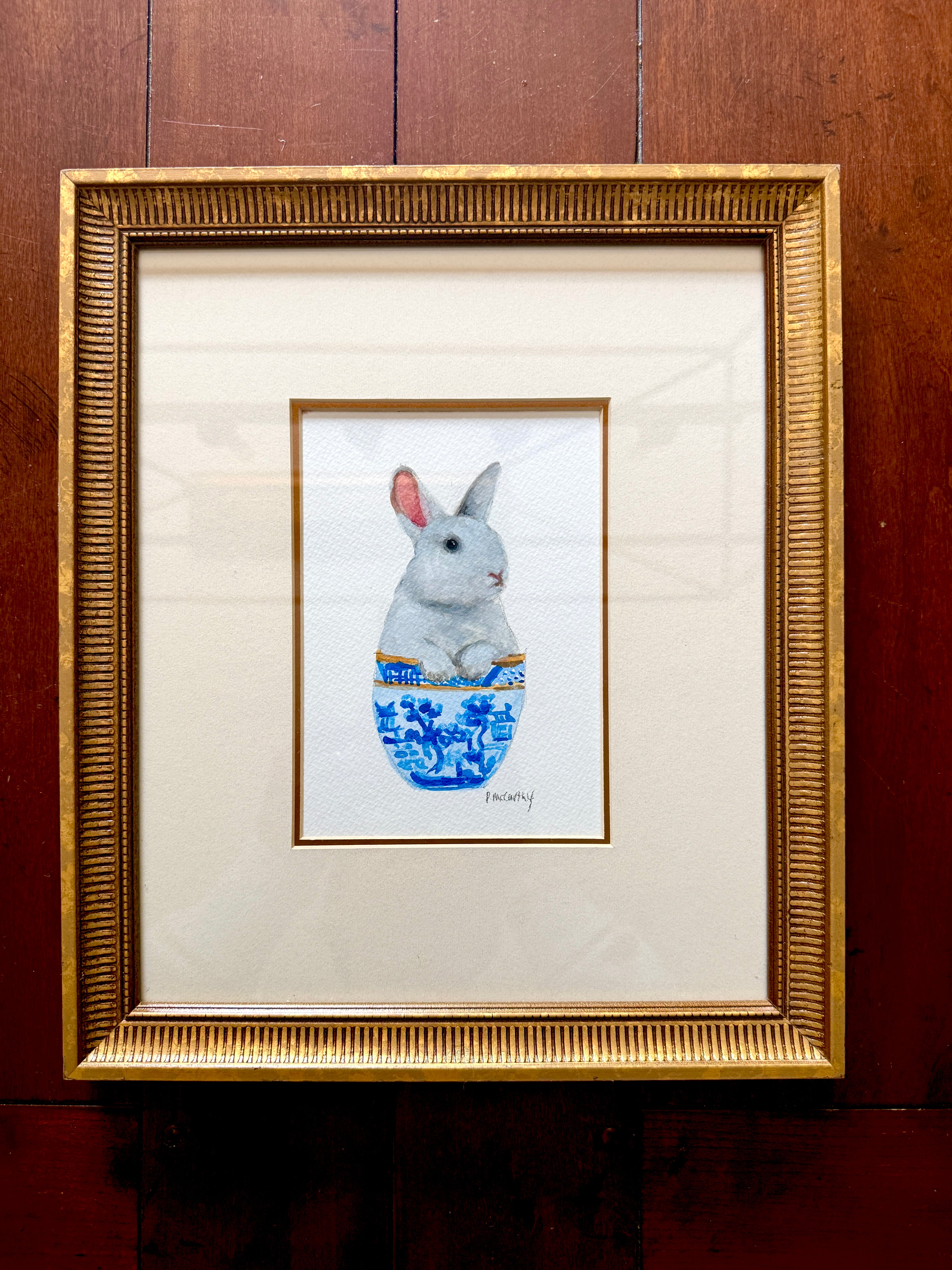 Pat McCarthy Bunny in Blue Willow Bowl — Original Watercolor, Gold Frame