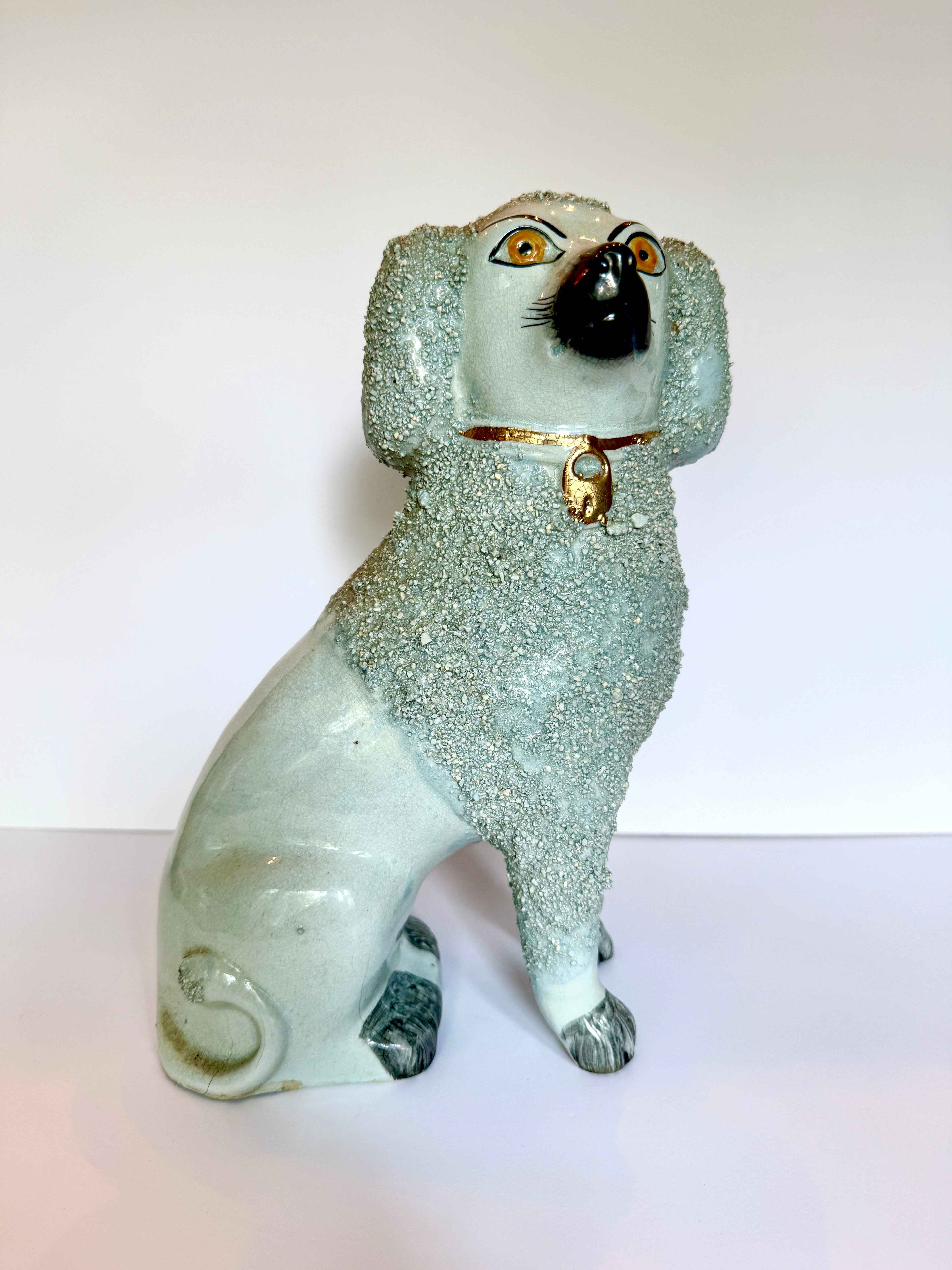 Antique Staffordshire Poodle, Likely Late 19th to Early 20th century, Gilt Collar &amp; Padlock