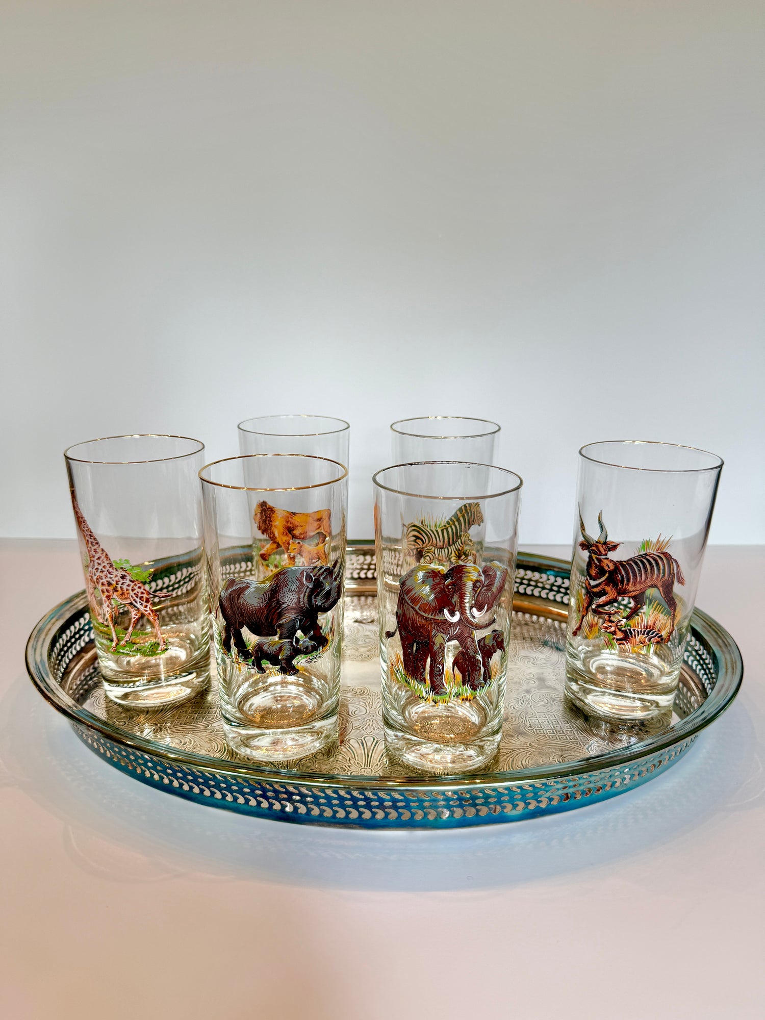 Vintage Safari Highball Glasses with Silver-Plated Gallery Tray, Set of 6 Mid-Century Wildlife Cocktail Glasses