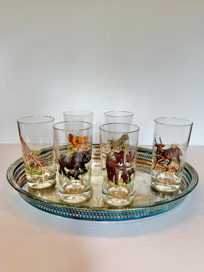 Vintage Safari Highball Glasses with Silver-Plated Gallery Tray, Set of 6 Mid-Century Wildlife Cocktail Glasses