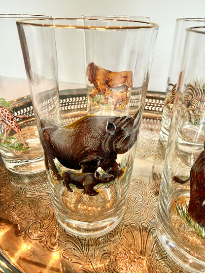 Vintage Safari Highball Glasses with Silver-Plated Gallery Tray, Set of 6 Mid-Century Wildlife Cocktail Glasses