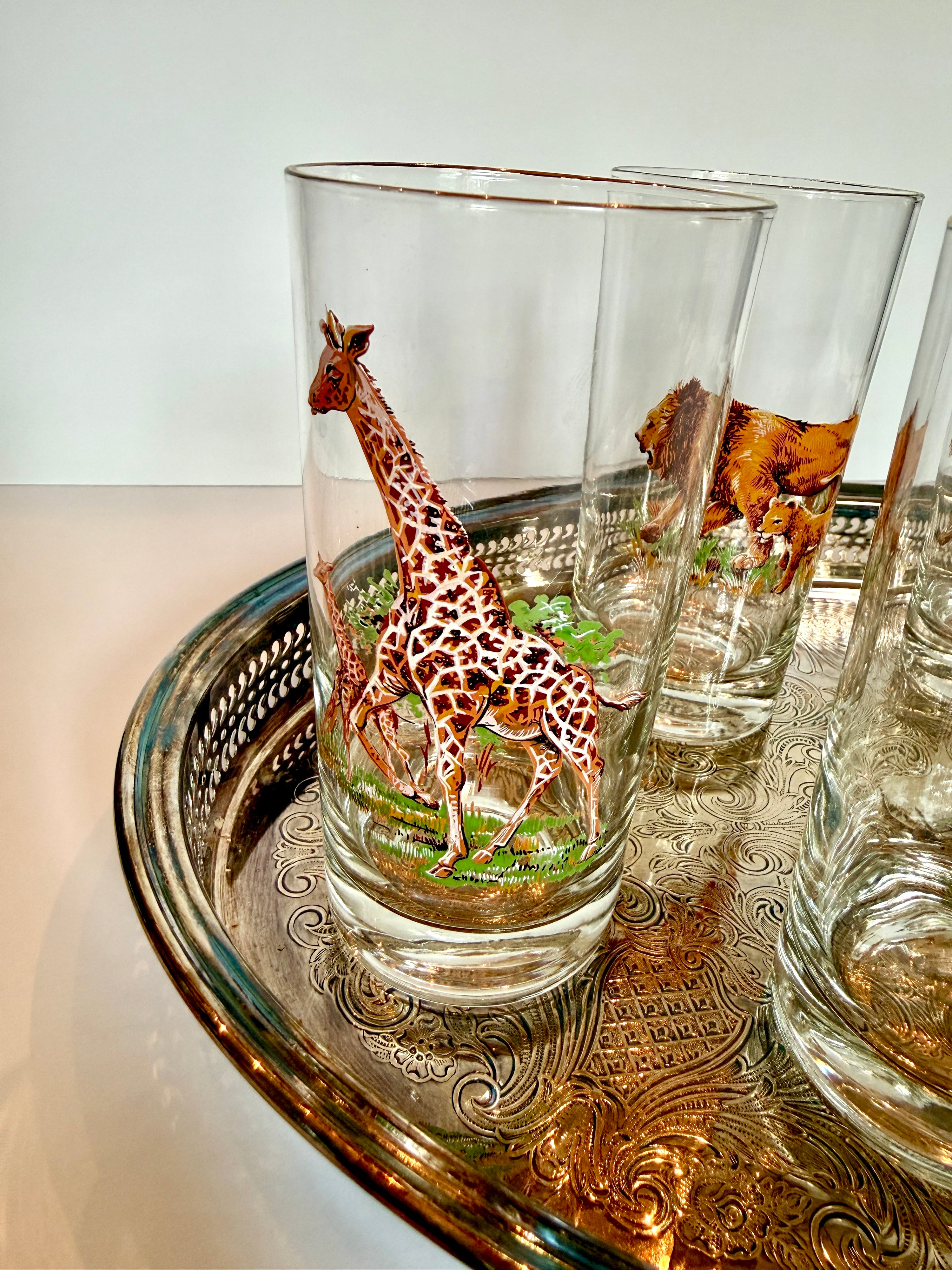 Vintage Safari Highball Glasses, Set of 6 Mid-Century Wildlife Cocktail Glasses