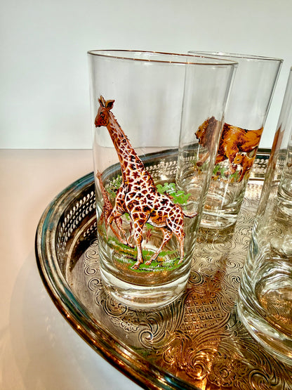 Vintage Safari Highball Glasses with Silver-Plated Gallery Tray, Set of 6 Mid-Century Wildlife Cocktail Glasses