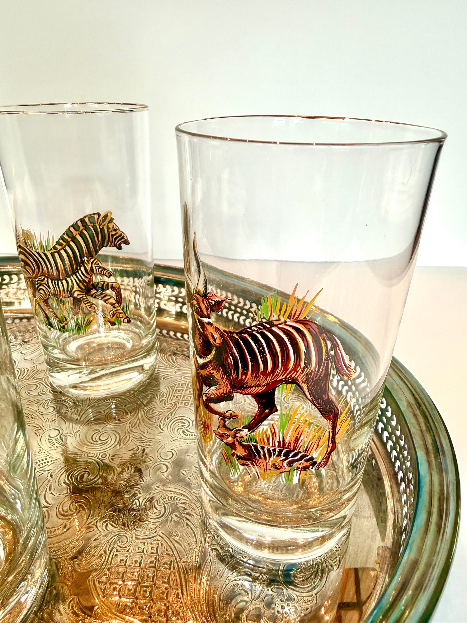 Vintage Safari Highball Glasses with Silver-Plated Gallery Tray, Set of 6 Mid-Century Wildlife Cocktail Glasses