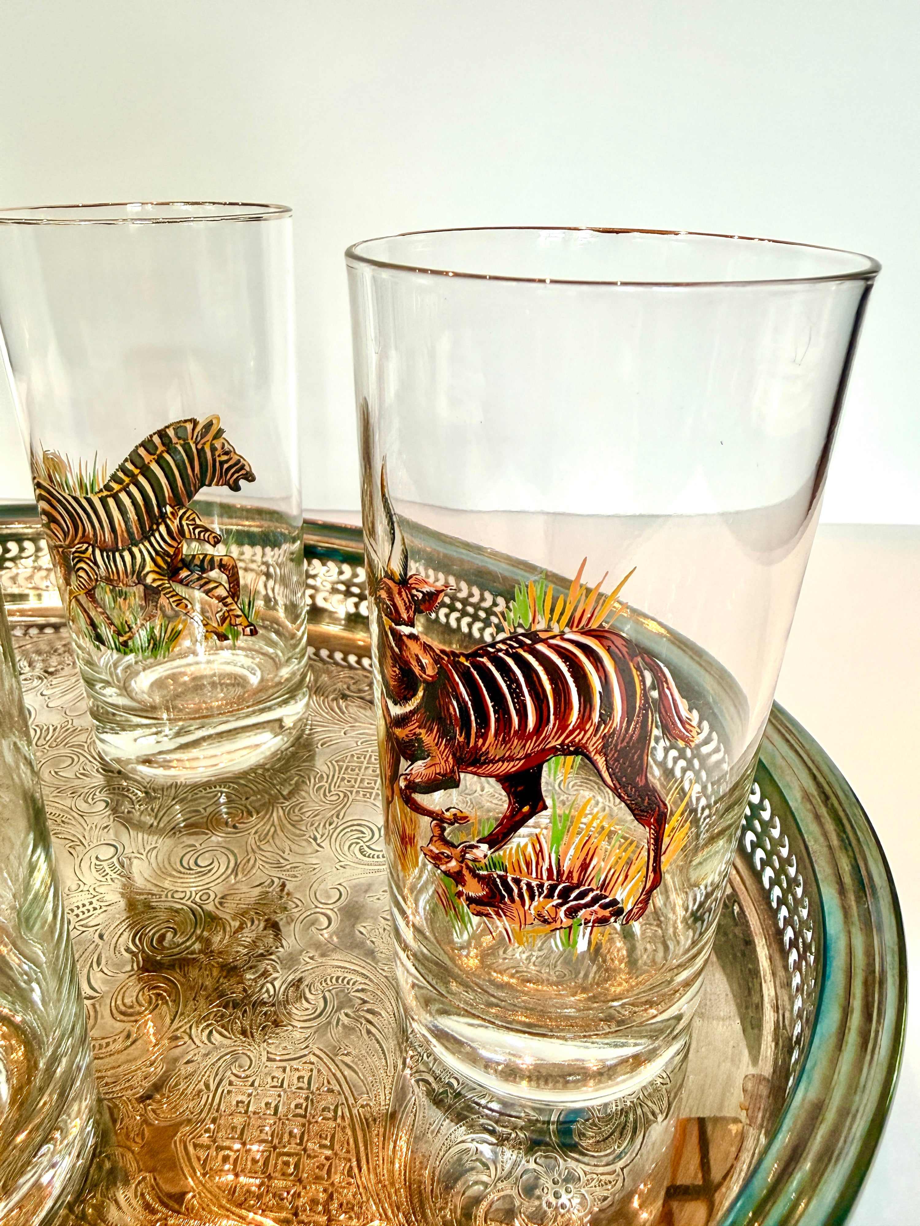 Vintage Safari Highball Glasses, Set of 6 Mid-Century Wildlife Cocktail Glasses