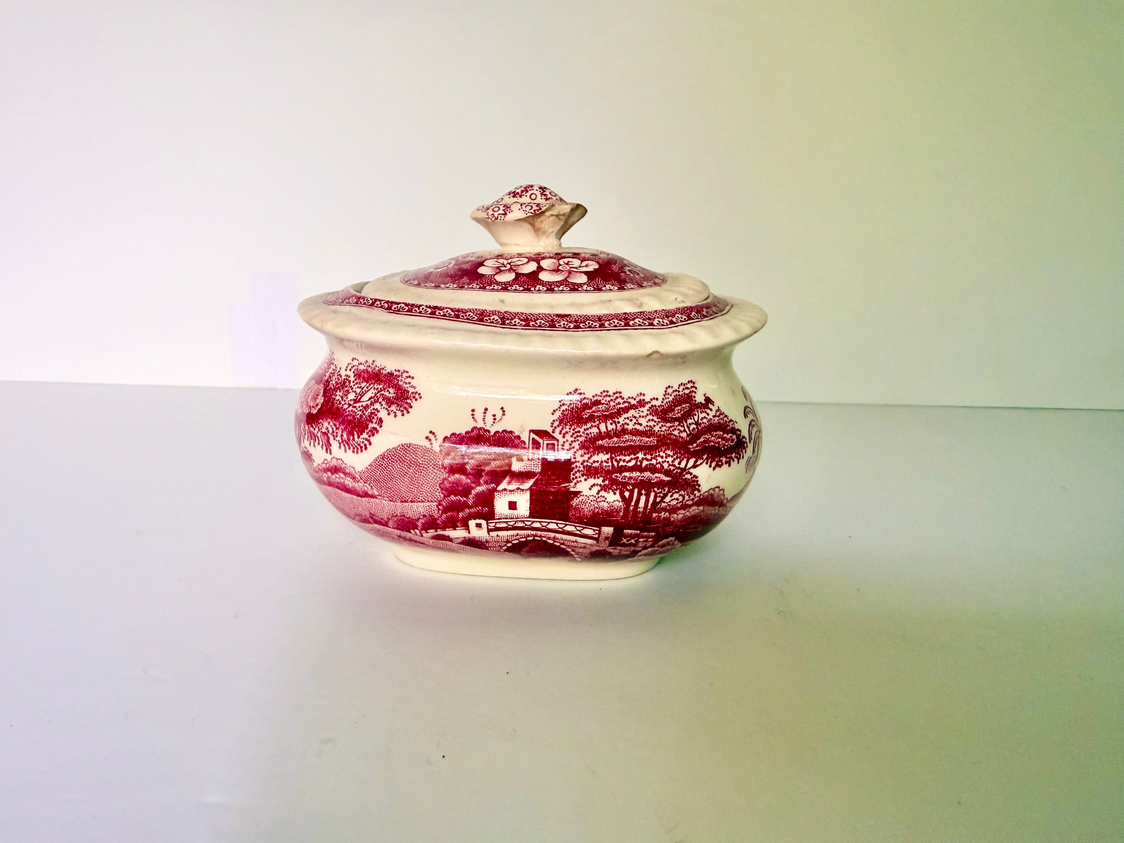 Antique Copeland Spode Red Transferware Covered Sugar Bowl, English Staffordshire Ironstone