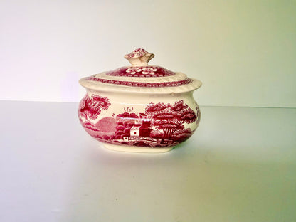 Antique Copeland Spode Red Transferware Covered Sugar Bowl, English Staffordshire Ironstone
