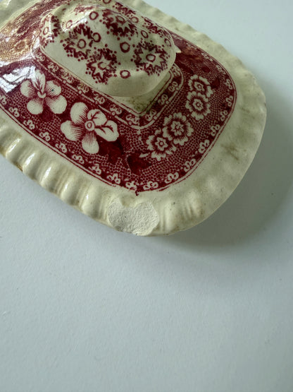 Antique Copeland Spode Red Transferware Covered Sugar Bowl, English Staffordshire Ironstone