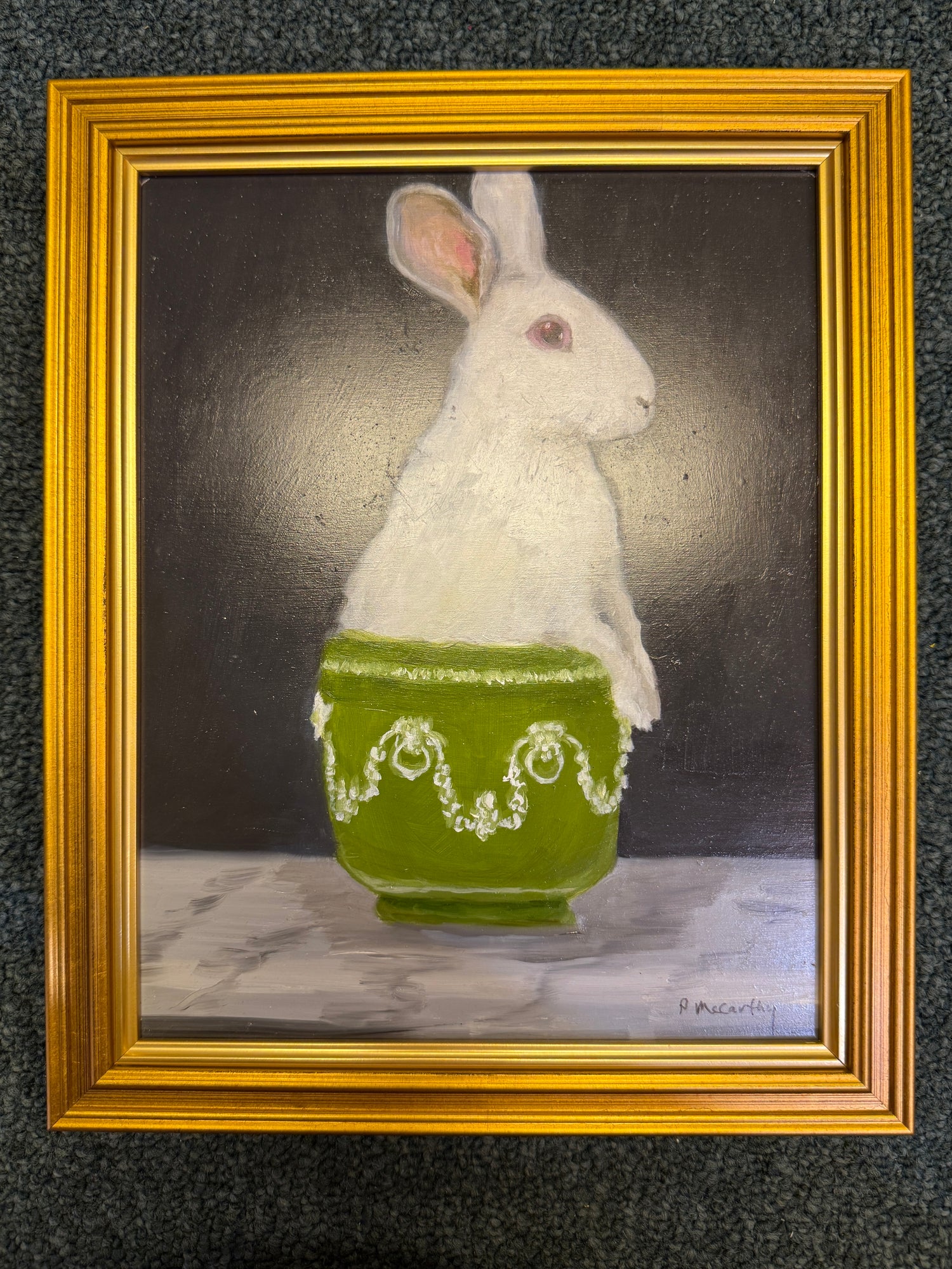 White Rabbit in Jadeite Bowl, Original Oil Painting by Pat McCarthy