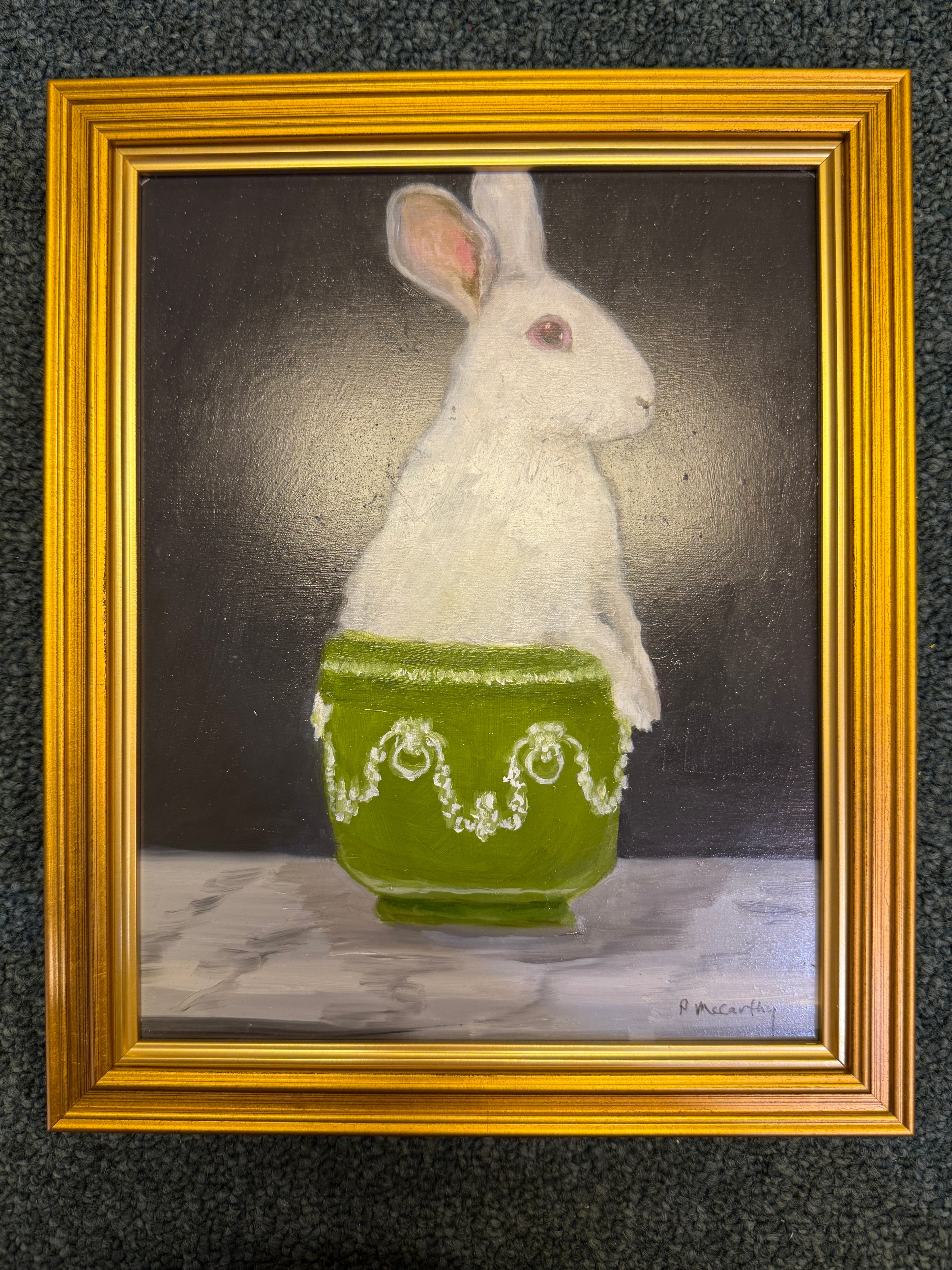 White Rabbit in Jadeite Bowl, Original Oil Painting by Pat McCarthy